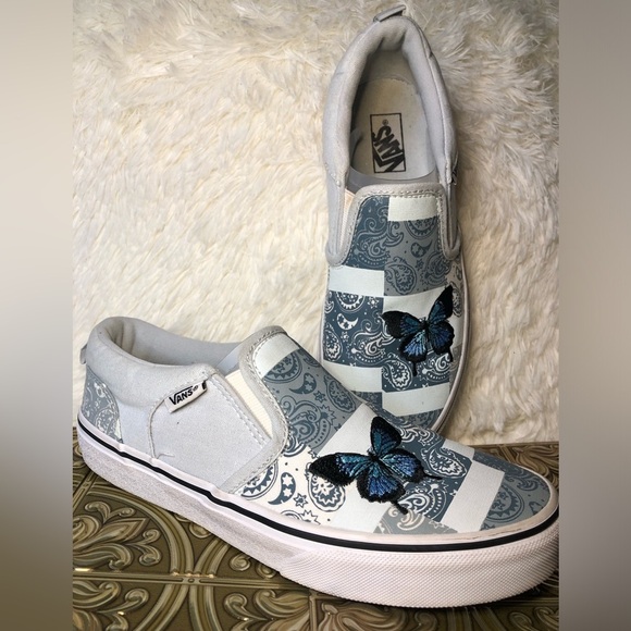 Vans Slip-On Patchwork Sneakers - White and Blue with Butterfly Missy 5 - Picture 13 of 16